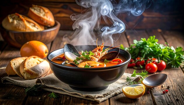 Hearty seafood stew steaming in a bowl