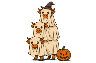 Cute Cows in Ghost Costumes for Halloween. Funny Farm Animal Stack with Witch Hat and Pumpkin Illustration.