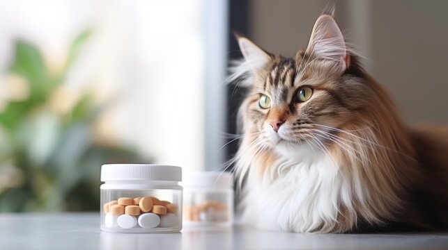 Fluffy maine coon cat relaxing indoors near pill containers