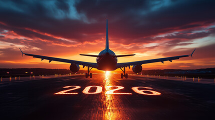 Silhouette of airplane approaching runway, bold illuminated lettering "2026" on horizon, sunset background.