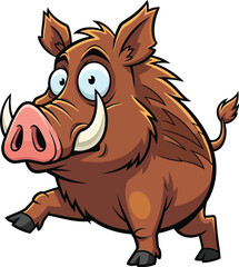 Whimsical cartoon wild boar running with big eyes and tusks expressing surprise or excitement ideal for children's books and educational content vector