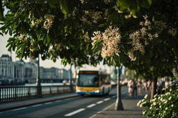 Fototapeta premium A bus drives along a city street lined with flowering trees, creating a vibrant urban scene amid pedestrians enjoying the day.