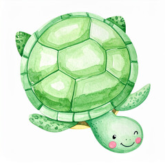 Watercolor painting of turtle with light green shell, smiling face, rosy cheek, isolated on white