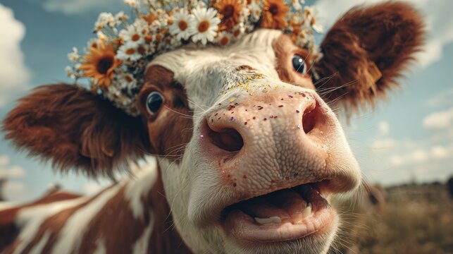 Close-up of a curious cow wearing a floral crown in a sunny field - Powered by Adobe