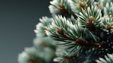 Close-Up of Pine Tree Branch with Detailed Green Needles and Natural Light Reflection
