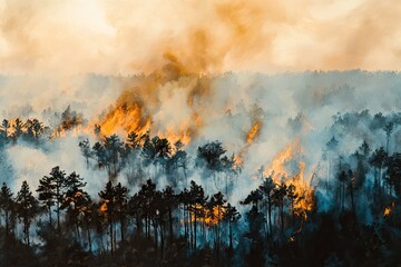 A burning forest, smoke rising into the sky
