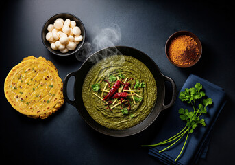Authentic Indian Sarson ka Saag with Makki Roti and traditional side dishes.