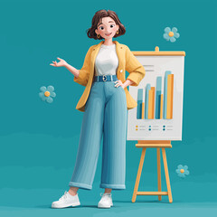 ビジネスウーマン、ベクタースタイルイラスト、プレゼンテーション、データ分析