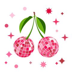 Vector trendy illustration of pink cherries mirrored disco balls. Design for party, summer poster, nightlife music event