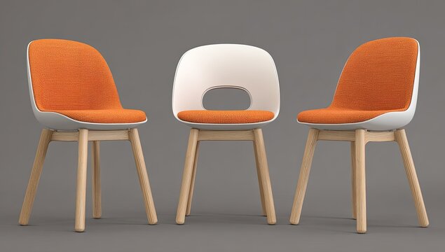 Three modern chairs with light wood legs and curved backs; two with burnt orange fabric seats, one with white.  Minimalist design against a grey backdrop