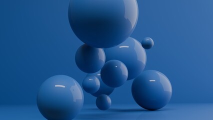 Abstract colorful blue balls. Chaotic scatter spheres. Festive party wallpaper. 3d render