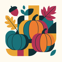 Modern geometric abstract illustration of pumpkins, autumn leaves, and acorn in bold colorful shapes, perfect for seasonal decor, contemporary fall design projects, and stylish holiday graphics