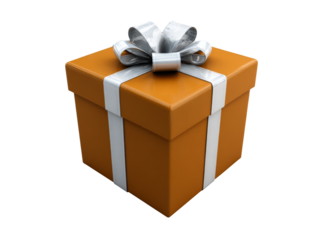 Orange gift box with silver ribbon bow isolated on black background, Isolated On White, Png Transparent