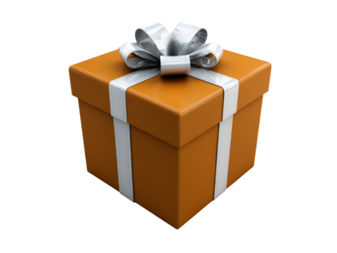 Orange gift box with silver ribbon bow isolated on black background, Isolated On White, Png Transparent