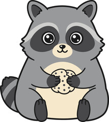 Cute cartoon raccoon holding a cookie adorable wildlife animal character for kids designs and decorations vector