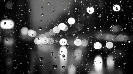 Raindrops on window with blurred city lights in black and white