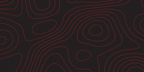 Abstract topographic map contour line artwork in red on black background ultra wide panoramic format modern terrain mapping illustration geographic elevation scheme design cartography artwork detailed