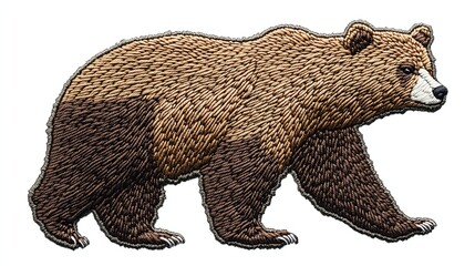 Detailed embroidered bear design in motion.