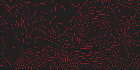 Abstract topographic contour line pattern design in red on black surface ultra wide panoramic artwork detailed terrain path conditional scheme concept modern geographic mapping vector illustration