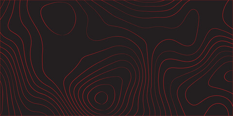 Modern abstract red contour line topographic map illustration on black background with geographic terrain path details cartography artwork conditional scheme concept ultra wide panoramic design for de