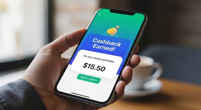 Exciting cashback earned notification on smartphone screen, money saving rewards for shopping