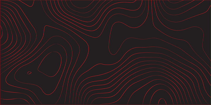 Topographic contour line artwork with abstract red lines on black background representing geographic terrain path mapping conditional scheme cartography design modern illustration in ultra wide panora