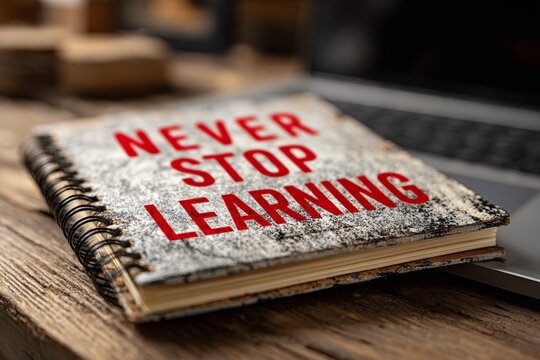 Inspirational notebook with 'never stop learning' quote on wooden desk