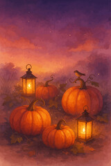 Golden hour watercolor painting of a pumpkin patch with warm autumn light and soft orange tones, perfect for seasonal artwork, fall decor, and Thanksgiving themes.