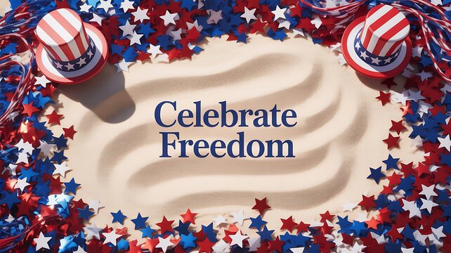 Photo of celebrate freedom written in blue text on a sandy background surrounded by red, white, and blue stars and patriotic hats