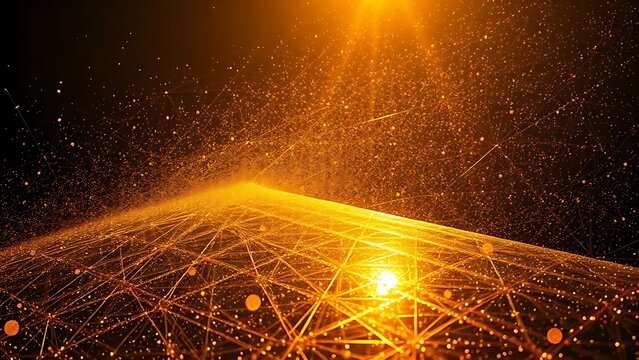 Thin metal sheets lifted by celestial golden photonic winds in space.