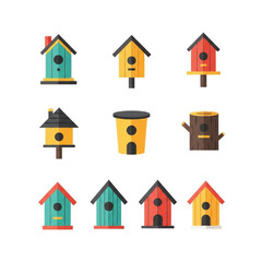 Collection of Colorful Birdhouses and a Tree Stump Flat Vector Design.