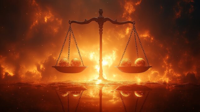 Fiery scene with scales of justice balancing planets against a dramatic sky - Powered by Adobe