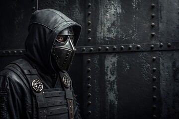 A mysterious figure in a dark mask and hooded cloak stands guard