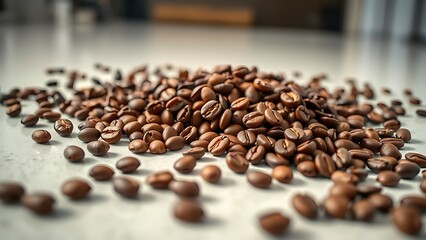 Freshly roasted aromatic coffee beans scattered on a modern surface in a warm, close-up view.