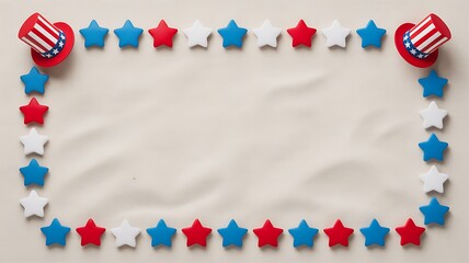 Obraz premium Photo of empty space framed by american flag stars and uncle sam hats on a sandy background for holidays
