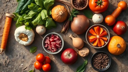 Fresh Asian ingredients arranged on a rustic stone surface with warm tones.