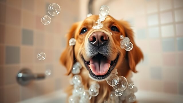 Playful golden retriever covered in soap bubbles, exuding joy against a soft pastel background.