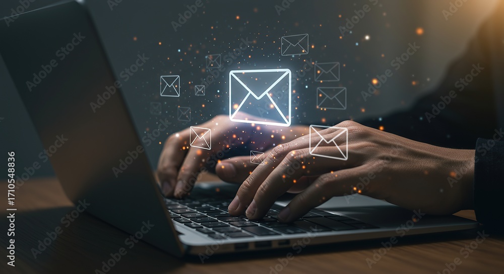 Wall mural hands typing on laptop keyboard with glowing digital envelope sending email technology concept