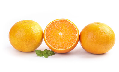 Fresh Oranges Cut in Half with Mint Garnish on White Background