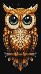 Colorful owl perched on a branch at night.