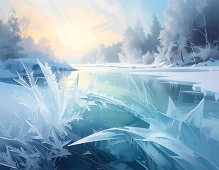 Frozen river landscape at dawn