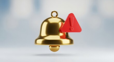 Golden notification bell with red alert symbol signifies urgent warning or important announcement