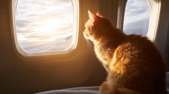 Ginger cat watching sunset from airplane window