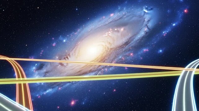 Cosmic vista showing a bright spiral galaxy and scattered stars with multiple luminous curved paths in vibrant colors weaving across the deep blue-purple space
