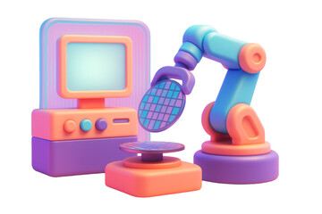 Robotic arm holding semiconductor wafer beside control computer in pastel colors, isolated on white background. Concept of clean industry. Ai generative