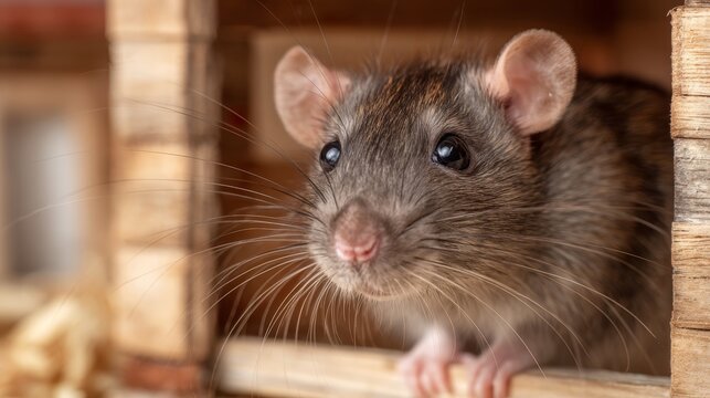 Close-up of curious rat in wooden cage with whiskers in focus - Powered by Adobe