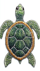 Colorful embroidered turtle design on fabric.