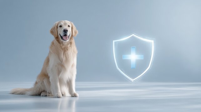 Golden retriever with holographic health shield on light background