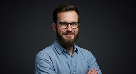 Confident smiling businessman with beard and glasses, arms crossed, professional portrait