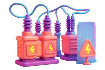 Fototapeta premium Cartoon-style electricity transformers and high voltage warning sign in vibrant colors, isolated on white background, for energy industry concept. Ai generative